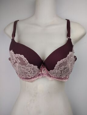Sofra 36B White Lace-Trim Push Up Bra in Wine Red